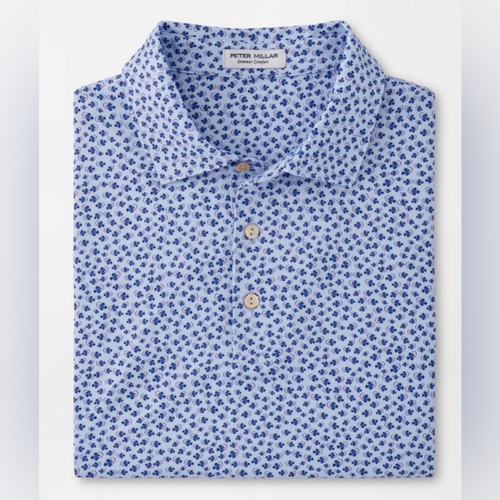 Peter Millar Golf Shirt Polo CS Summer Comfort Angry Anglers Print XL Blue NWT